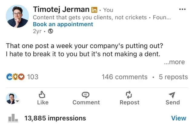 LinkedIn post showing 13,885 impressions